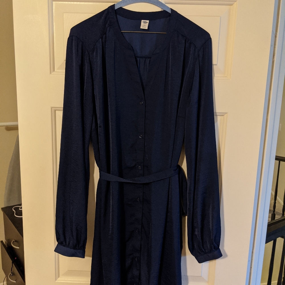Navy Button Down Dress with tie belt